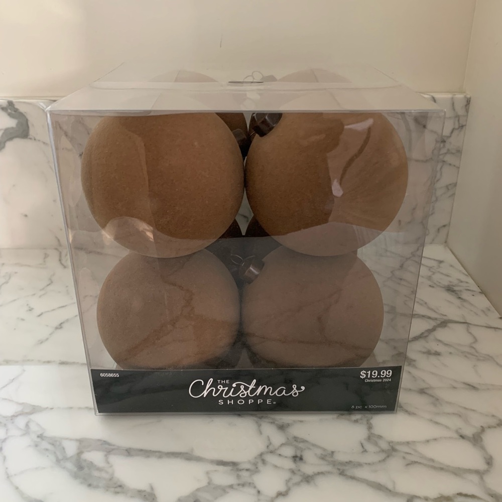 Hobby Lobby Velvet Flocked Ball Brown Ornaments—Medium, 100mm, 4 inch, Set of 8